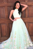 Newest 2 Pieces Long Flowy Sage Prom Dresses For Girls Rjerdress