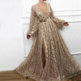 Newest Champagne Long Sleeve V-neck A-line Tulle Prom Dresses With Sequin Split Evening Dresses