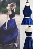 Newest Halter A-Line Two Piece Simple Navy Blue Satin Backless Sleeveless Evening Dresses RJS56 Rjerdress