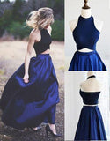 Newest Halter A-Line Two Piece Simple Navy Blue Satin Backless Sleeveless Evening Dresses RJS56 Rjerdress