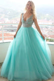 Newest Long Beading Lace Tulle A-Line Prom Dresses Evening Dresses Rjerdress