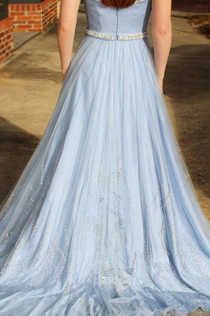 Newest Long Sky Blue Strapless Elegant Prom Dresses Cute Dresses Rjerdress