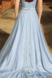 Newest Long Sky Blue Strapless Elegant Prom Dresses Cute Dresses Rjerdress