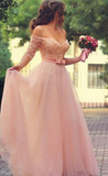 Off Shoulder Half Sleeves Pink Long Party Sweetheart Sash Bow Beads Pearls Prom Dresses RJS720 Rjerdress