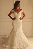 Off Shoulder Short Sleeves Mermaid Lace Wedding Dress with Appliques Bride Dress Rjerdress