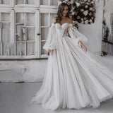 Off Shoulders Sweetheart Wedding Dresses A Line Tulle With Puff Sleeves Rjerdress