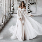 Off Shoulders Sweetheart Wedding Dresses A Line Tulle With Puff Sleeves