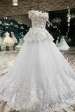 Off The Shoulder A-Line Bridal Dresses Floor Length Lace Up With Appliques