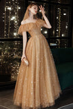 Off The Shoulder A Line Exquisite Tulle & Sequin Prom Dresses Rjerdress