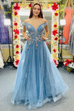Off The Shoulder A Line Prom Dresses With Flower Appliques