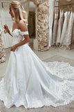 Off The Shoulder A Line Satin Wedding Dresses With Appliques Sweep Train