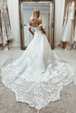 Off The Shoulder A Line Satin Wedding Dresses With Appliques Sweep Train Rjerdress