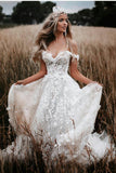 Off The Shoulder A Line Tulle Lace Appliques Long Beach Wedding Dresses Rjerdress
