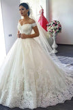 Off The Shoulder A Line Tulle  Sweep Train Wedding Dresses With Lace Applique