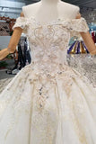 Off-The-Shoulder Ball Gown Lace Lace Up Back Royal Train Bridal Dress With Beading Rjerdress