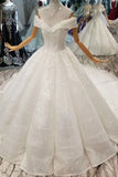Off-The-Shoulder Ball Gown Lace Lace Up Back Royal Train Wedding Dress With Beading Rjerdress