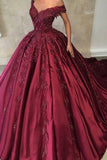 Off The Shoulder Ball Gown Prom Dresses Satin With Applique Sweep Train Rjerdress