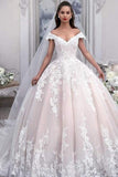 Off The Shoulder Ball Gown Tulle Wedding Dress With Appliques, Princess Bride Dress Rjerdress