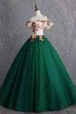 Off The Shoulder Floor Length Prom Dress With Appliques, Puffy Quinceanera Dress Rjerdress