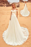 Off The Shoulder Long Elegant Ivory Lace Tulle Wedding Dresses Beach Wedding Dresses Rjerdress