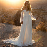 Off The Shoulder Long Puff Sleeves Chiffon Backless Beach Wedding Dresses Rjerdress