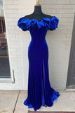 Off The Shoulder Long Royal Blue Sheath Velvet Ruffle Prom Dresses Women Dresses Rjerdress