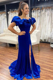 Off The Shoulder Long Royal Blue Sheath Velvet Ruffle Prom Dresses Women Dresses Rjerdress