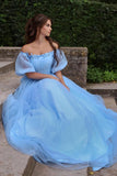 Off The Shoulder Long Sleeves Lace Up Back Beautiful Blue Tulle Prom Dresses Rjerdress