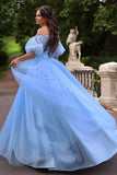 Off The Shoulder Long Sleeves Lace Up Back Beautiful Blue Tulle Prom Dresses