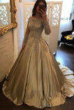 Off The Shoulder Long Sleeves Satin Ball Gown Prom Dresses With Applique Sweep Train Rjerdress