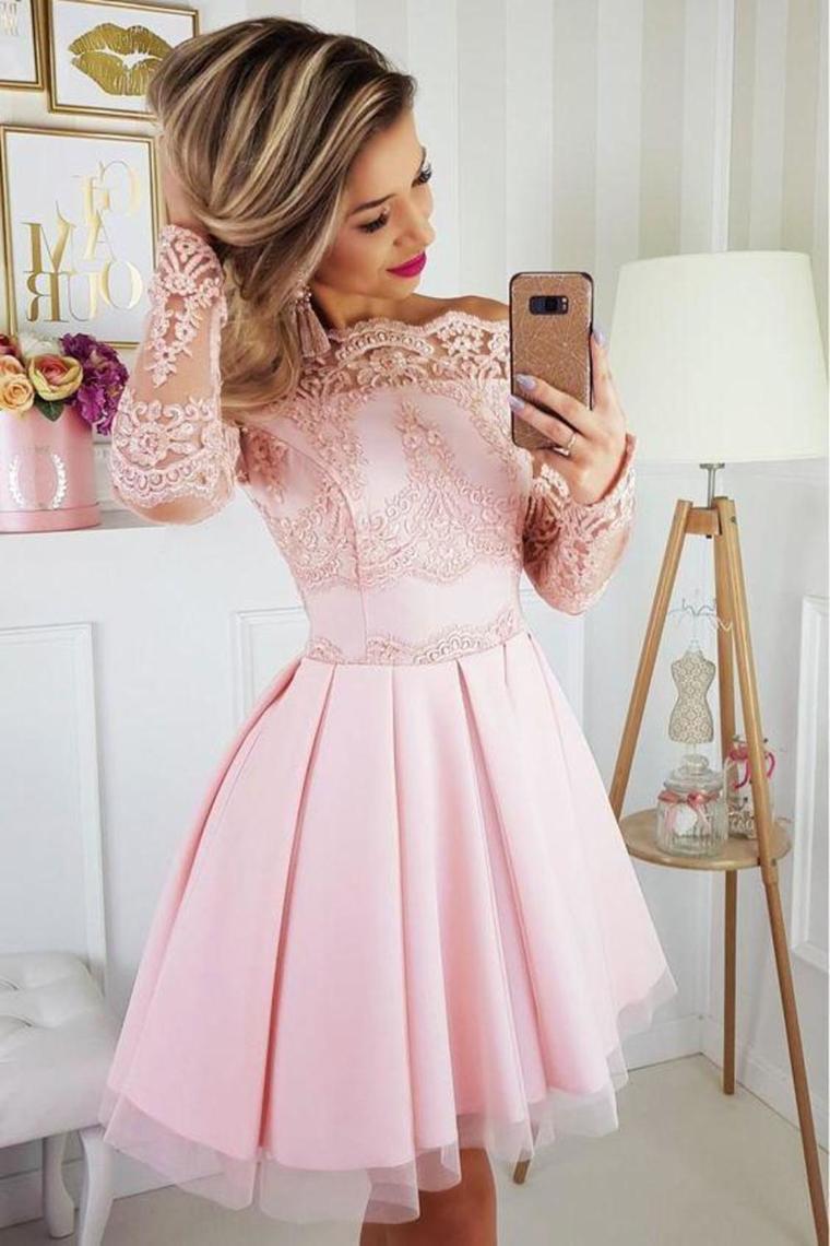 Off The Shoulder Long Sleeves Short Homecoming Dress With Lace Appliques Rjerdress