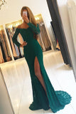 Off The Shoulder Mermaid Long Sleeves Prom Dresses Lace With Slit Sweep Train Rjerdress