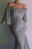 Off The Shoulder Mermaid Sequins With Sleeves Sweep Train Prom Dresses Rjerdress