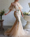 Off The Shoulder Mermaid Tulle Prom Dresses With Appliques Lace Up