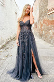 Off The Shoulder Prom Dresses A Line Sweetheart Tulle With Applique And Slit