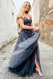 Off The Shoulder Prom Dresses A Line Sweetheart Satin With Applique And Slit Rjerdress
