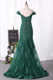 Off The Shoulder Prom Dresses Mermaid Tulle With Applique And Beadings Covered Button Rjerdress