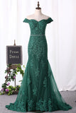 Off The Shoulder Prom Dresses Mermaid Tulle With Applique And Beadings Covered Button Rjerdress