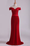 Off The Shoulder Prom Dresses Spandex Burgundy/Maroon Sweep Train With Applique Rjerdress