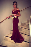 Off The Shoulder Prom Dresses Spandex Burgundy/Maroon Sweep Train With Applique Rjerdress