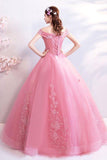 Off The Shoulder Puffy Tulle Prom Dresses, Floor Length Appliqued Quinceanera Dress Rjerdress