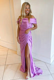 Off The Shoulder Satin Mermaid Lilac Pleated Slit Prom Dresses
