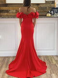 Off The Shoulder Satin Open Back Sweep Train Mermaid Prom Evening Dresses Rjerdress