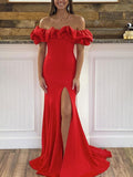 Off The Shoulder Satin Open Back Sweep Train Mermaid Prom Evening Dresses Rjerdress
