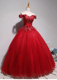Off The Shoulder Tulle Ball Gown Prom Dresses With Applique Floor Length Quinceanera Dresses Rjerdress