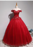 Off The Shoulder Tulle Ball Gown Prom Dresses With Applique Floor Length Quinceanera Dresses