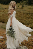 Off the Shoulder A Line Chiffon Ivory Sweetheart Beach Wedding Dresses Rjerdress
