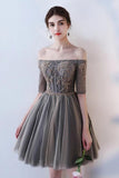 Off the Shoulder A Line Half Sleeves Gray Homecoming Dresses Short Cocktail  Dresses