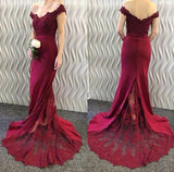 Off-the-Shoulder Burgundy Lace Appliques Long Mermaid Prom Dresses RJS370 Rjerdress