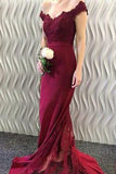 Off-the-Shoulder Burgundy Lace Appliques Long Mermaid Prom Dresses RJS370 Rjerdress